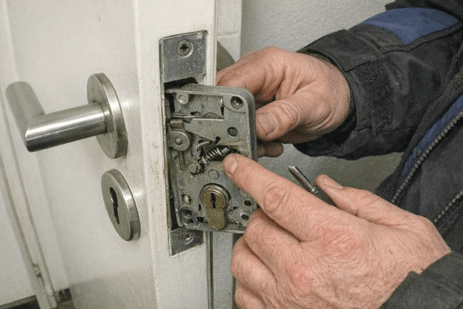 Detaillierte Analyse eines klemmenden Türschlosses durch einen Experten.