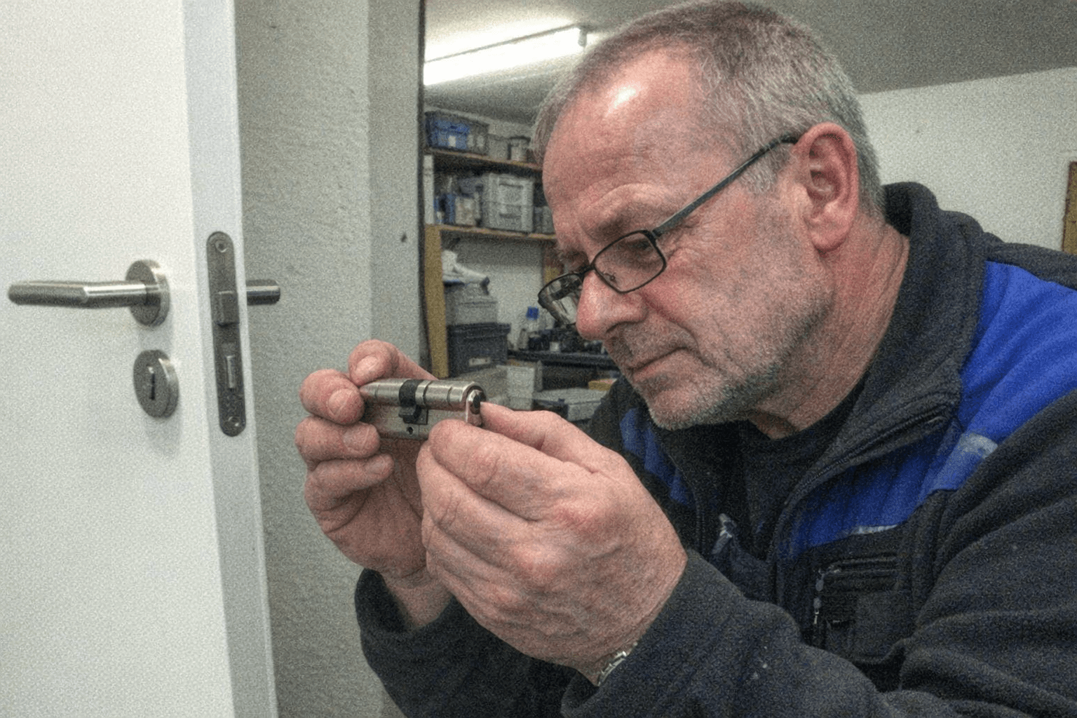 Erfahrener lokaler Handwerker bei der Überprüfung eines modernen Schließzylinders nach der erfolgreichen Türmontage.
